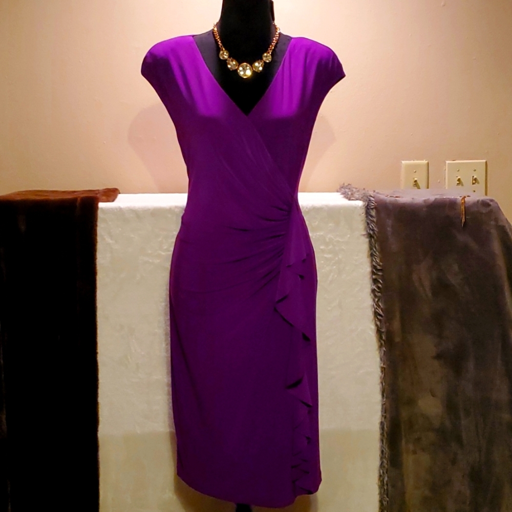 Black Label by Evan-Picone Royal Purple Mock Wrap Dress Sz 14